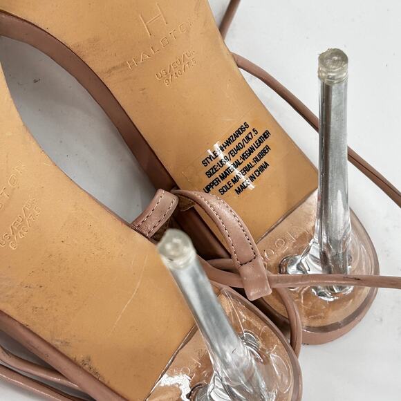 H Halston Wizard Multi Strap Party Heels Sandal 9 Tan Nude Clear Minimalist - Picture 5 of 7